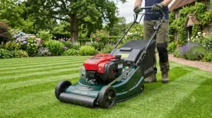 A petrol lawn mower with roller creating classic, neat stripes on a lush green British garden lawn.