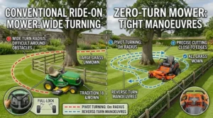 Diagram demonstrating how a zero-turn mower manoeuvres around trees and fence lines compared with a conventional ride-on mower.