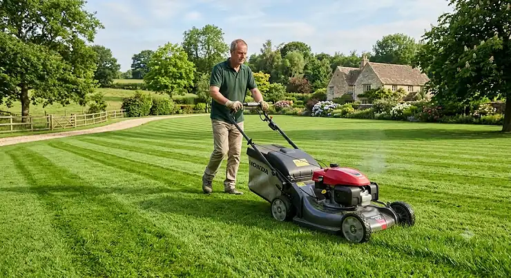 A self propelled petrol lawn mower for a large garden being used to cut a wide expanse of healthy green grass in the UK