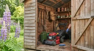A robust petrol lawn mower parked neatly inside a traditional wooden British garden shed.