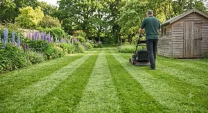 A rear-roller petrol lawn mower creating perfect traditional stripes on a neatly manicured English lawn.