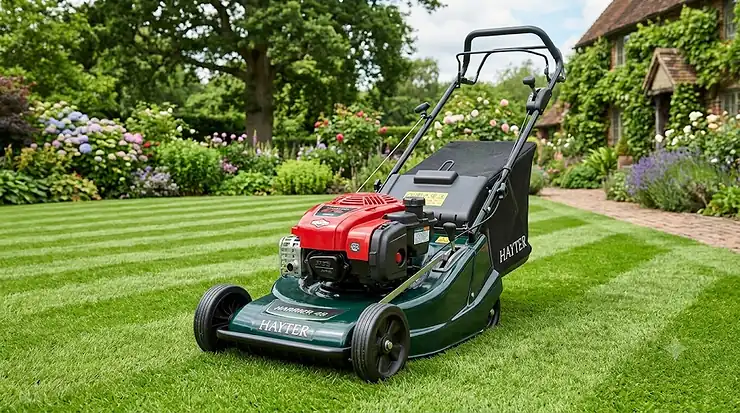 A premium petrol lawn mower with roller shown from the front angle on a freshly cut green lawn.