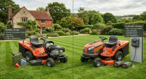 Comparison illustration showing petrol and electric cordless ride-on mowers for 1-acre lawns.