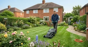 An eco-friendly and quiet electric lawn mower cutting grass on a sunny weekend morning in a British back garden.