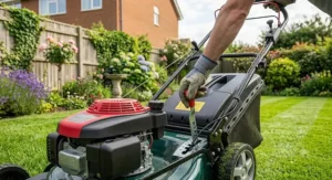 Adjusting the central cutting height lever on a reliable petrol lawn mower under 300 pounds