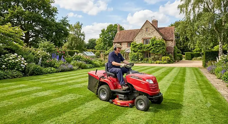 A red ride on lawn mower cutting the green grass of a large British garden on a sunny afternoon.