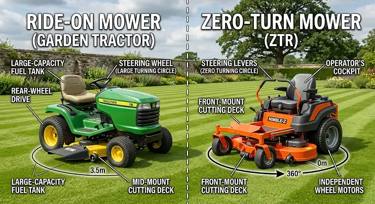 Side-by-side comparison diagram of a ride-on mower vs zero-turn mower on a British lawn.