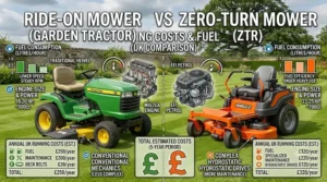 Infographic comparing fuel consumption, engine sizes, and annual running costs for a ride-on mower vs zero-turn mower in the UK.
