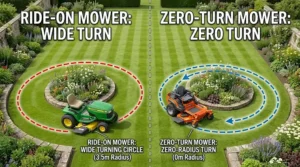 Illustration comparing the wide turning circle of a ride-on mower against the zero-radius turn of a zero-turn mower around UK garden borders.
