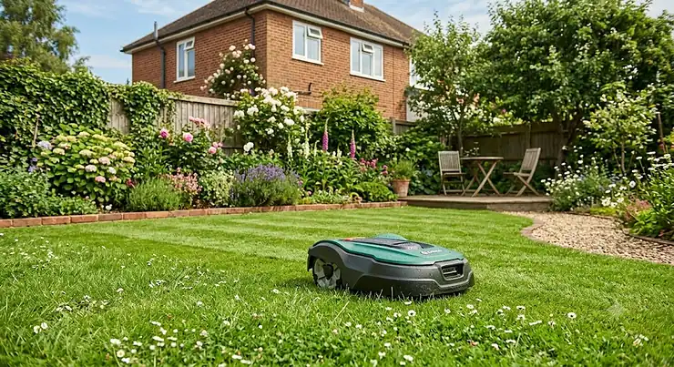 A robot lawn mower cutting a lush green lawn in a typical British suburban back garden.