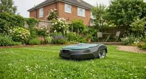 A weatherproof robot lawn mower operating efficiently on wet grass during a rainy British day.