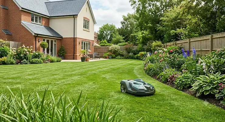 Robot lawn mower cutting grass in a large British suburban back garden with pristine lawn edges and flower borders.