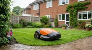 Automated robotic lawnmower trimming grass during light rain in a UK back garden.