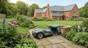 Robot lawn mower for large garden docking automatically at its weather-resistant outdoor charging station.