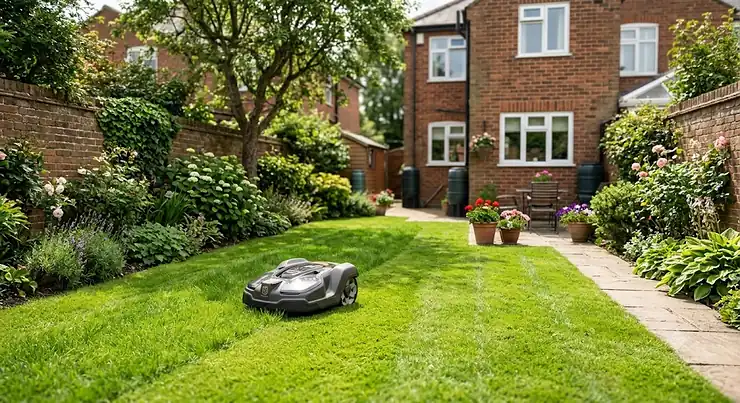 A wire-free robot lawn mower cleanly cutting grass in a lush green suburban British garden.