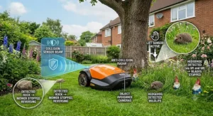 Collision and lift safety sensors on a robot mower detecting lawn obstacles to protect wildlife.