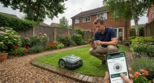 A homeowner using a smartphone app to control a robot lawn mower under £500 in their backyard.