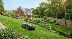Autonomous robotic lawn mower easily managing a steep sloped lawn in a large UK country garden.