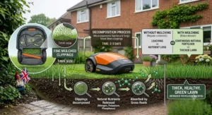 Diagram showing how fine grass clippings from a robot mower fertilise the lawn naturally.