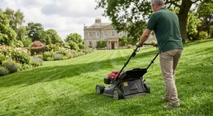 Maintaining a large domestic garden using a modern four wheeled rotary petrol lawn mower