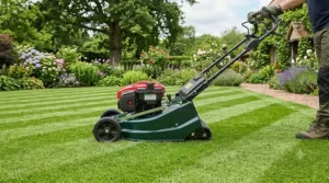 Side profile of a self-propelled petrol lawn mower with roller cutting grass in a typical UK back garden.