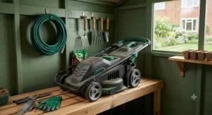 A compact small electric lawn mower with folded handles stored neatly inside a garden shed.