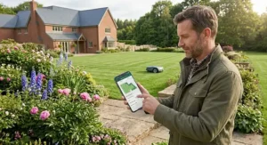 Homeowner using a mobile phone app to schedule a robot lawn mower across a large residential garden.