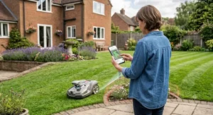 Homeowner using a smartphone app to set virtual boundaries for a robot lawn mower with no perimeter wire.