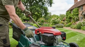 An illustration showing how to start the engine of a petrol lawn mower with roller using the recoil pull cord.