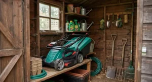 A Bosch electric lawn mower with folded handles stored neatly inside a typical British wooden garden shed.