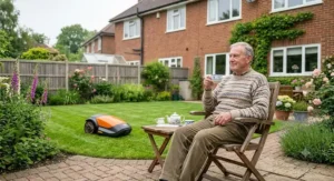 Homeowner enjoying a cup of tea on a garden patio while a robot lawn mower cuts the grass.