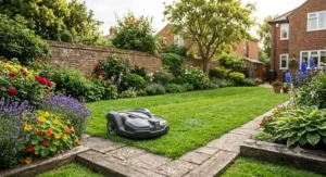 Robotic lawn mower without perimeter wire seamlessly navigating complex garden borders and flower beds.