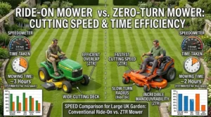 Graphic showing mowing speed and time efficiency when choosing a ride-on mower vs zero-turn mower for large UK gardens.