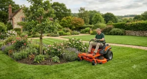 Zero-turn ride-on lawn mower smoothly manoeuvring around trees and flower beds on a 1-acre plot.