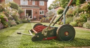 Illustration demonstrating the height adjustment lever on a push lawn mower.