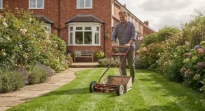 Hand-propelled push mower being used on a small, neat residential lawn in the UK.