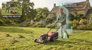 Illustration highlighting the reduced physical effort of using a self-propelled mower on a large, uneven British lawn.