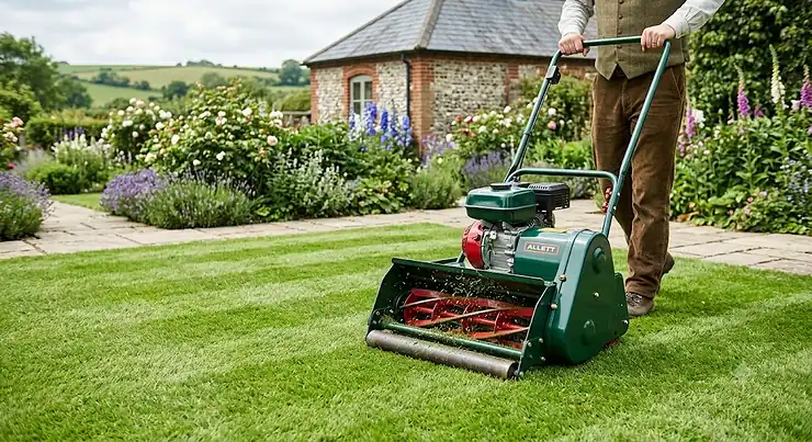A traditional cylinder lawn mower creating crisp stripes on a neatly manicured British garden lawn.