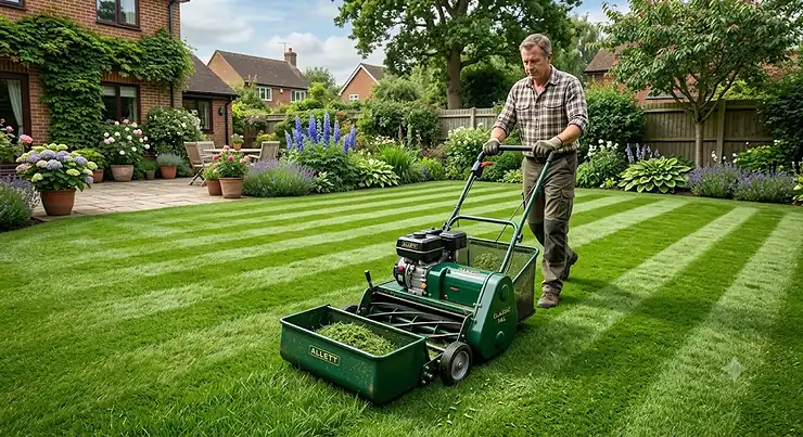 A classic green cylinder lawn mower producing clean striped lines on a neatly manicured British garden lawn. cylinder mower vs rotary mower