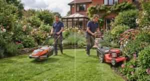 Demonstrating why a hover mower is often chosen as the best hover mower for uneven British lawns.