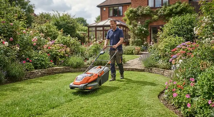 A vibrant British garden featuring the best hover mower effortlessly gliding across the lawn.