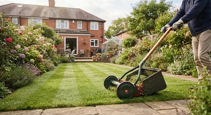 Illustration of a traditional push lawn mower cutting a neat British garden lawn.
