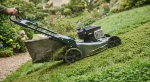 Close-up of a powerful petrol self-propelled mower manoeuvring easily on an uneven sloping lawn.