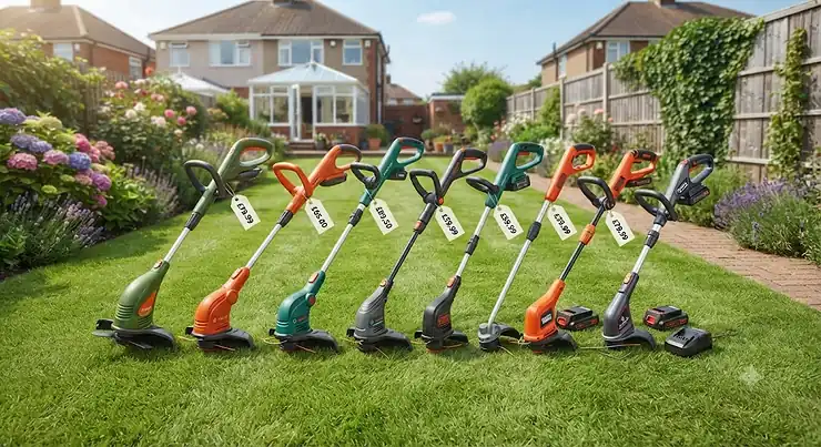 A selection of top-rated strimmers under £100 displayed on a neatly mown British lawn.