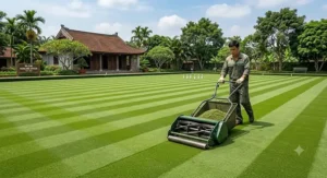 A perfectly manicured fine turf bowling green with immaculate stripes created by a precision cylinder lawn mower.