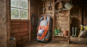 A compact best hover mower neatly stored away in a typical British garden shed.