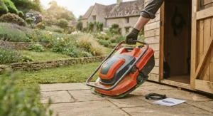 Illustration demonstrating the compact design and handling of a hover mower for slopes.