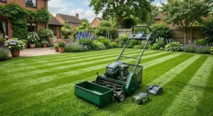A modern cordless electric cylinder lawn mower with a grass collection box resting on fresh green grass.