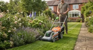 A cordless electric mower navigating around flower beds in a typical UK garden.
