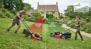 Graphic showing why a self-propelled mower is better suited for cutting grass on a sloped garden compared to a push mower.